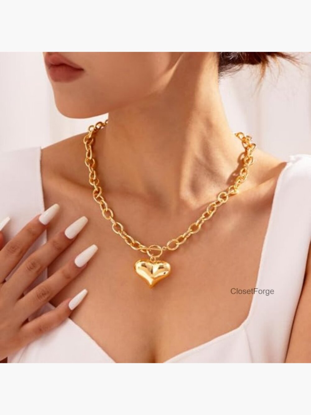 14K Gold Plated Chunky Heart Pendant Necklace with Toggle Clasp Hypoallergenic - Picture 2 of 7